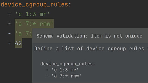 Inspect device_cgroup_rules values for errors