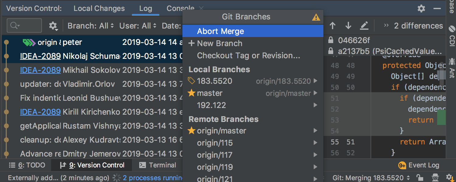 Git Merge and Cherry-Pick can be aborted from the UI