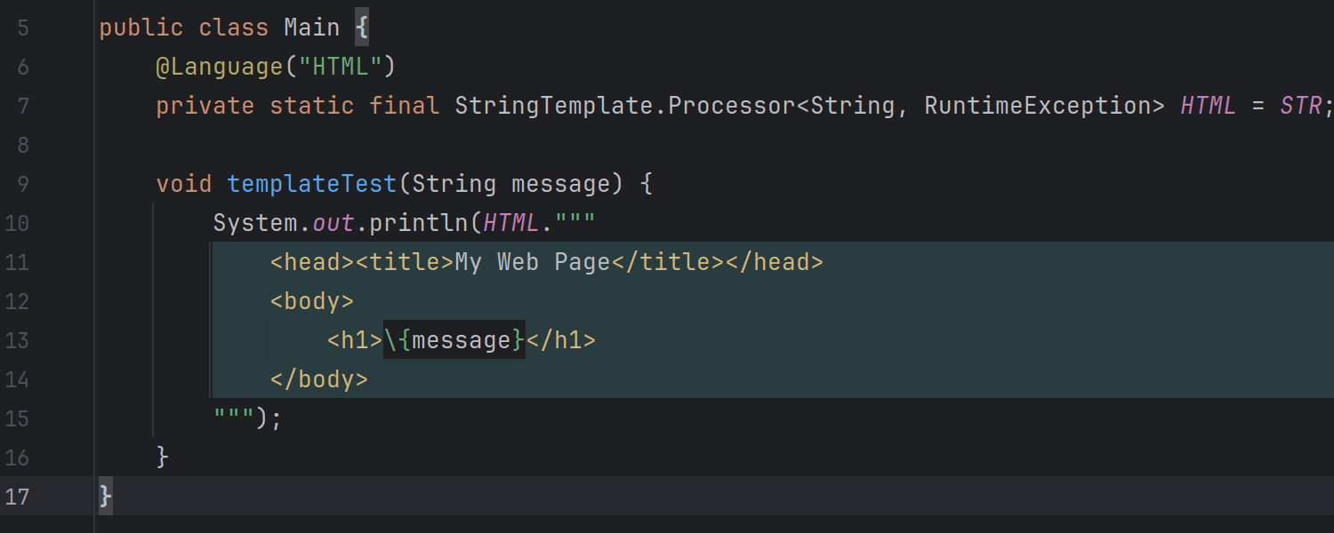 Language injections in string templates