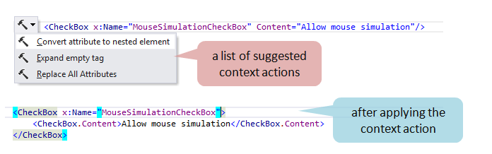 'Context actions in XAML