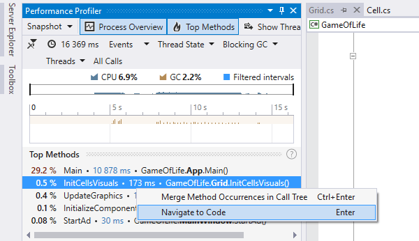 Timeline viewer integrated in Visual Studio. Navigating to method declaration