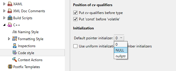 Code style settings for default pointer initializer