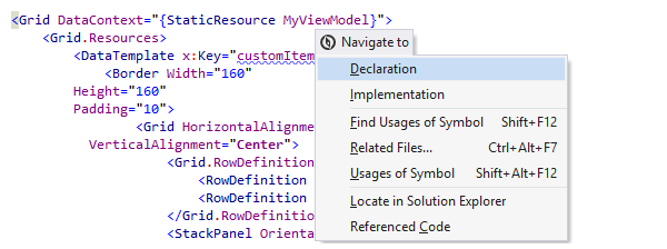 Navigating from a symbol in XAML code