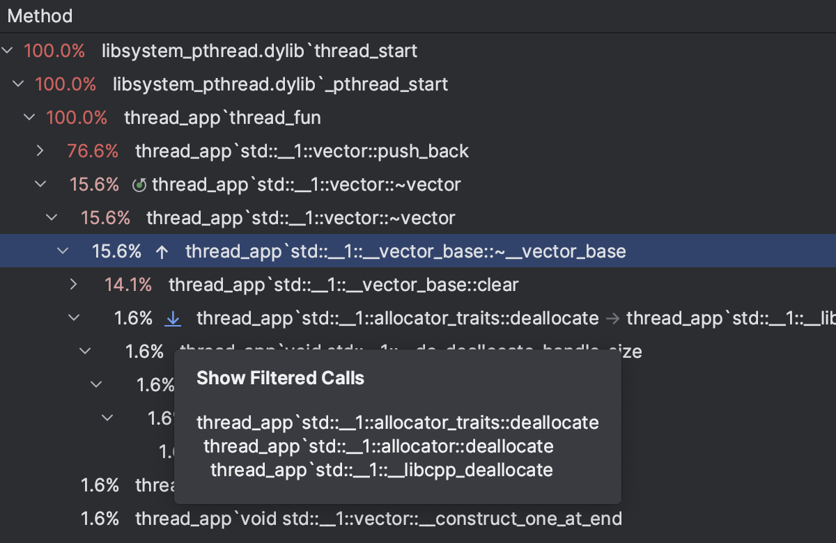 Filtering Call Tree results in the profiler