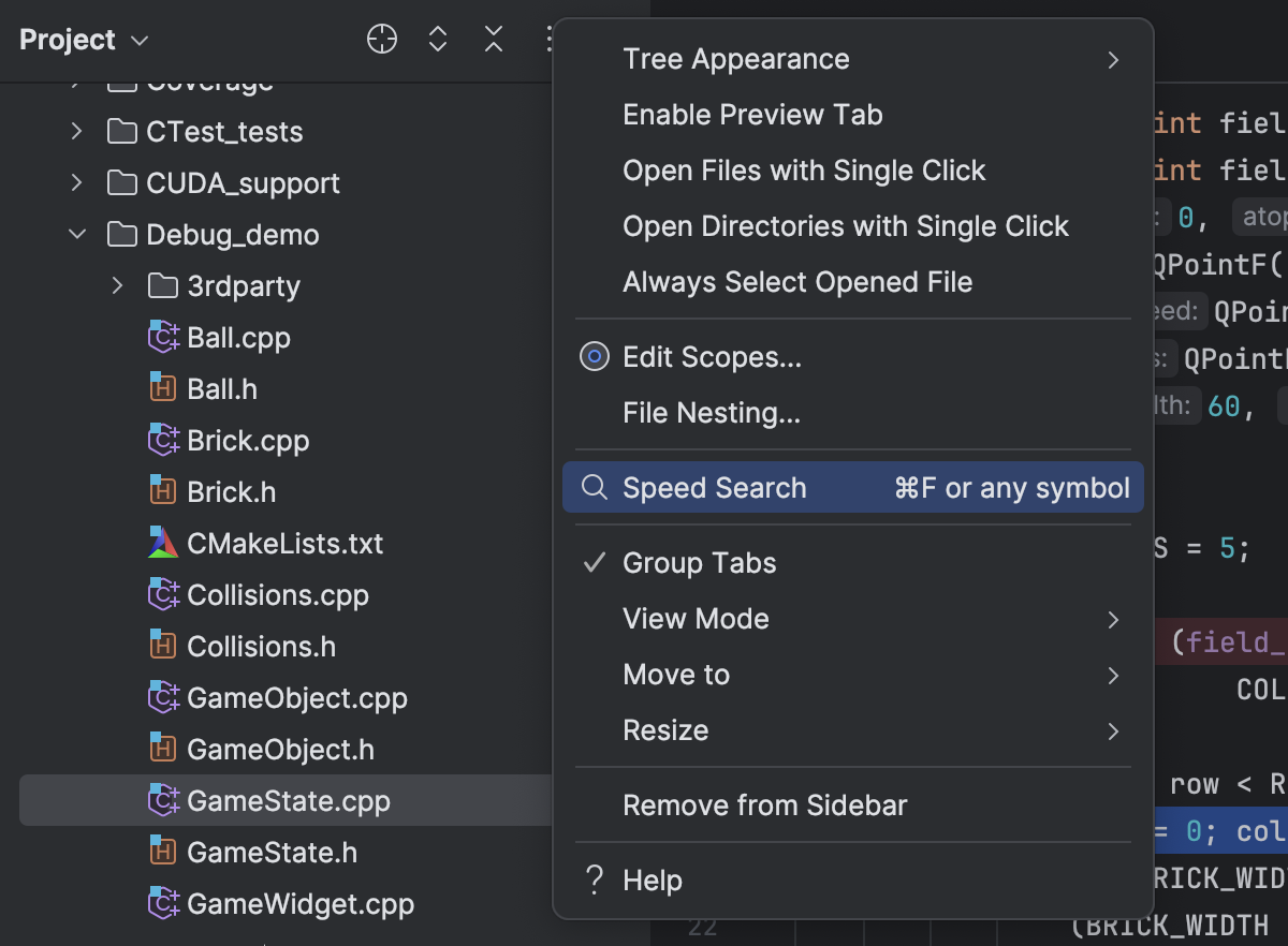 Speed search available via shortcut