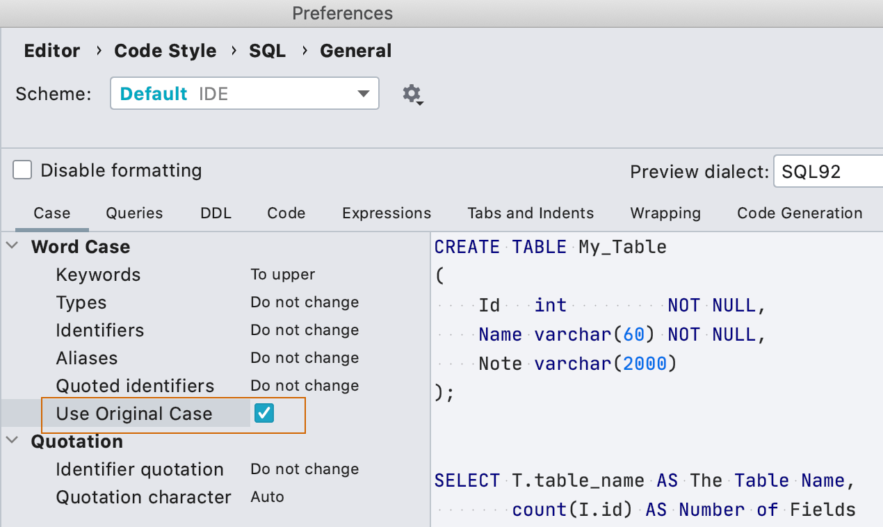 Original casing of objects for SQL formatter