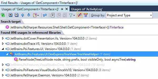 Find Results lists all found usages of a symbol