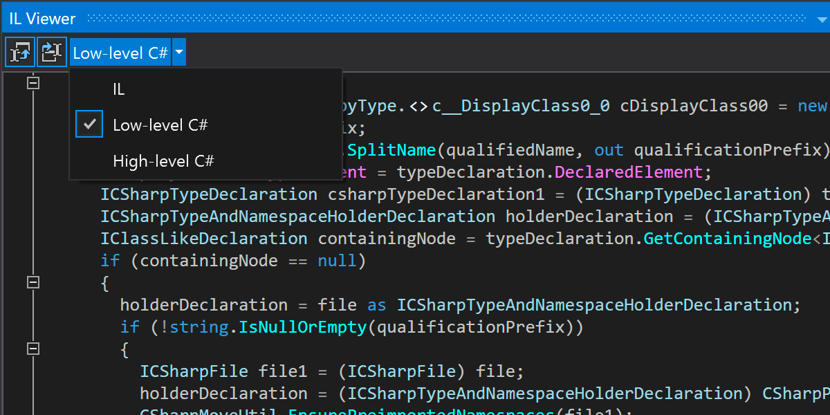 High-level and low-level C# code in IL Viewer