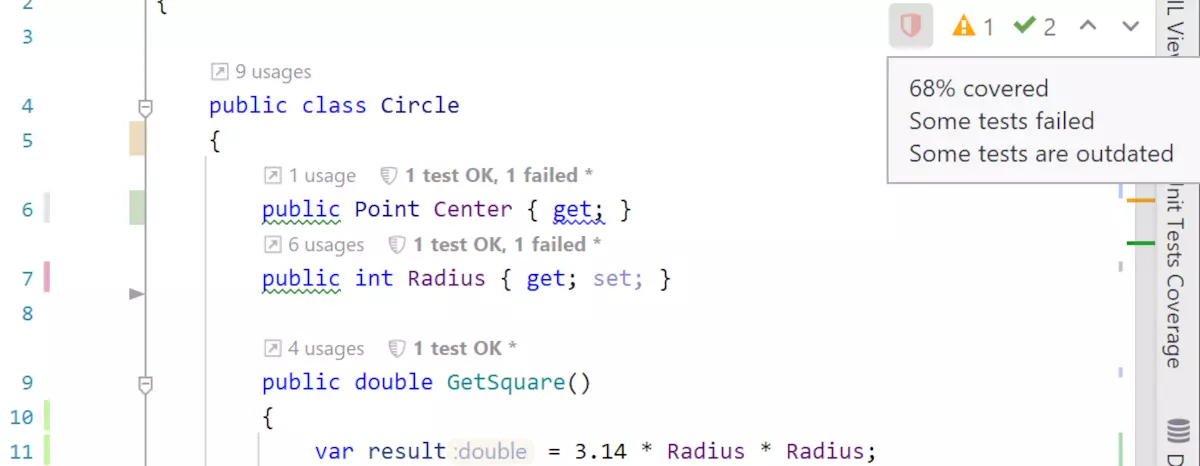 Vista rápida de los resultados de la cobertura en JetBrains Rider