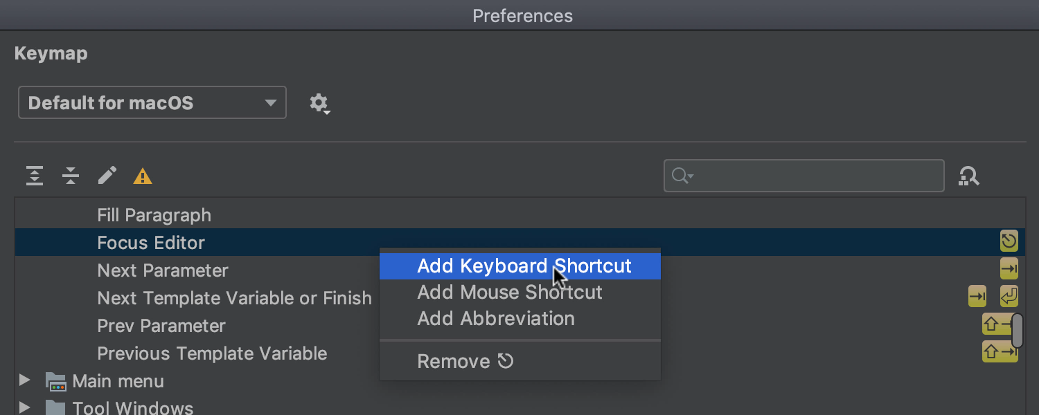 Select ‘Add Keyboard Shortcut’ in the settings for ‘Focus Editor’ action