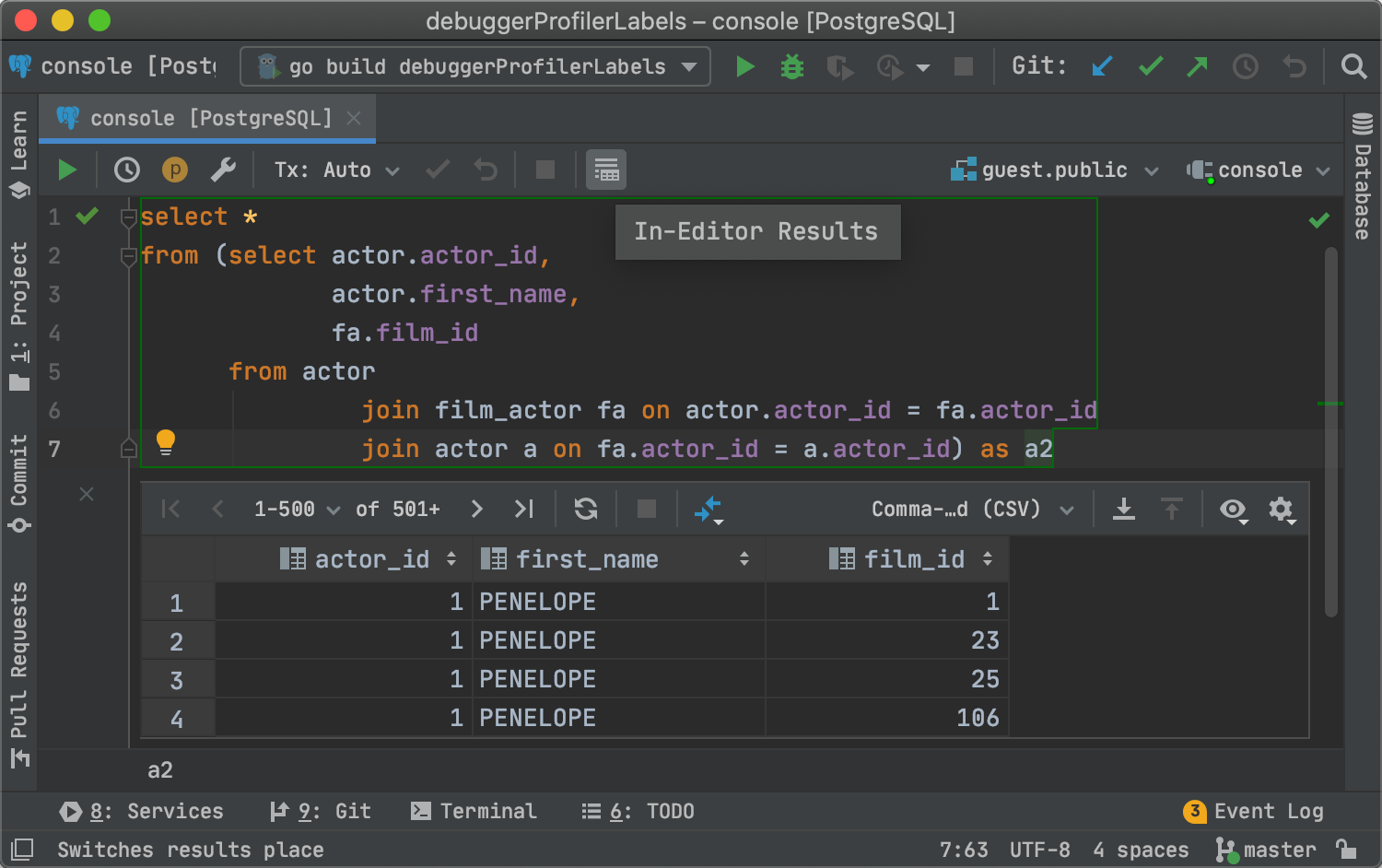 The results are displayed the code editor.