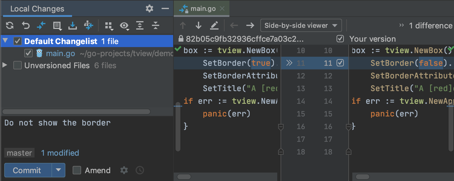 New 'Commit' tool window with the diff in the editor.