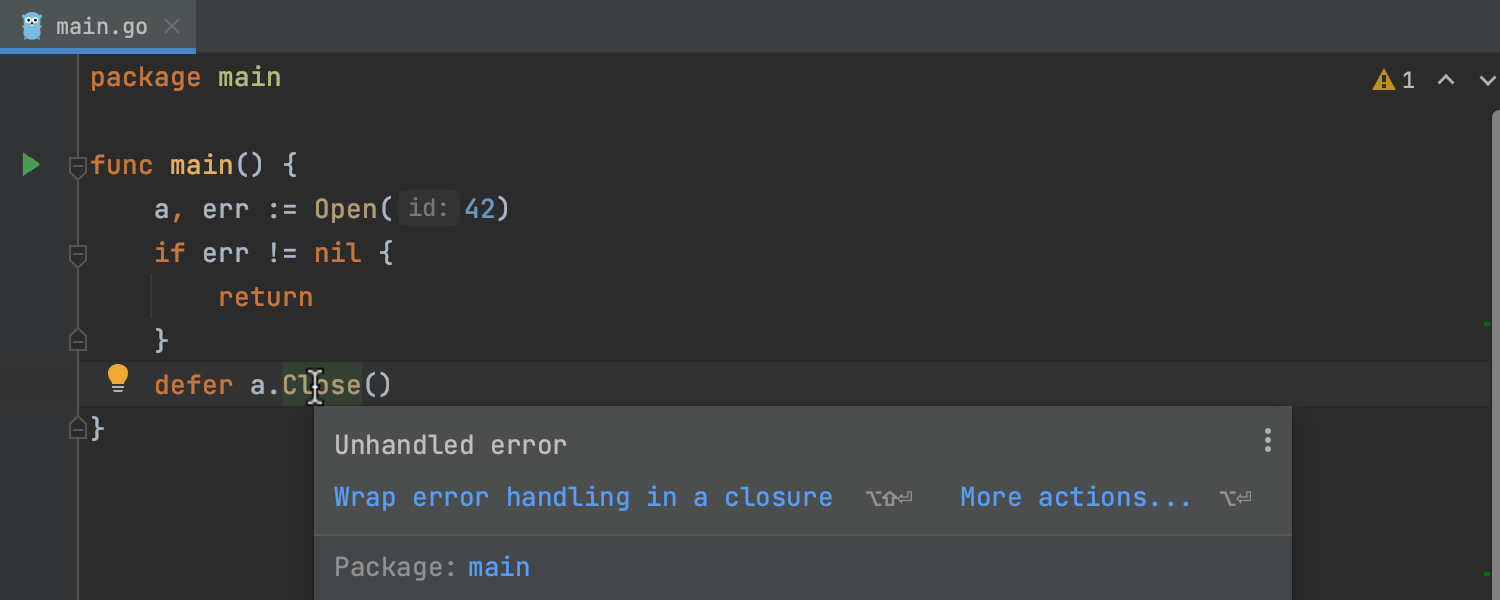 The 'Unhandled Error' code inspection in action with the 'Wrap error handling in a closure' quick-fix 