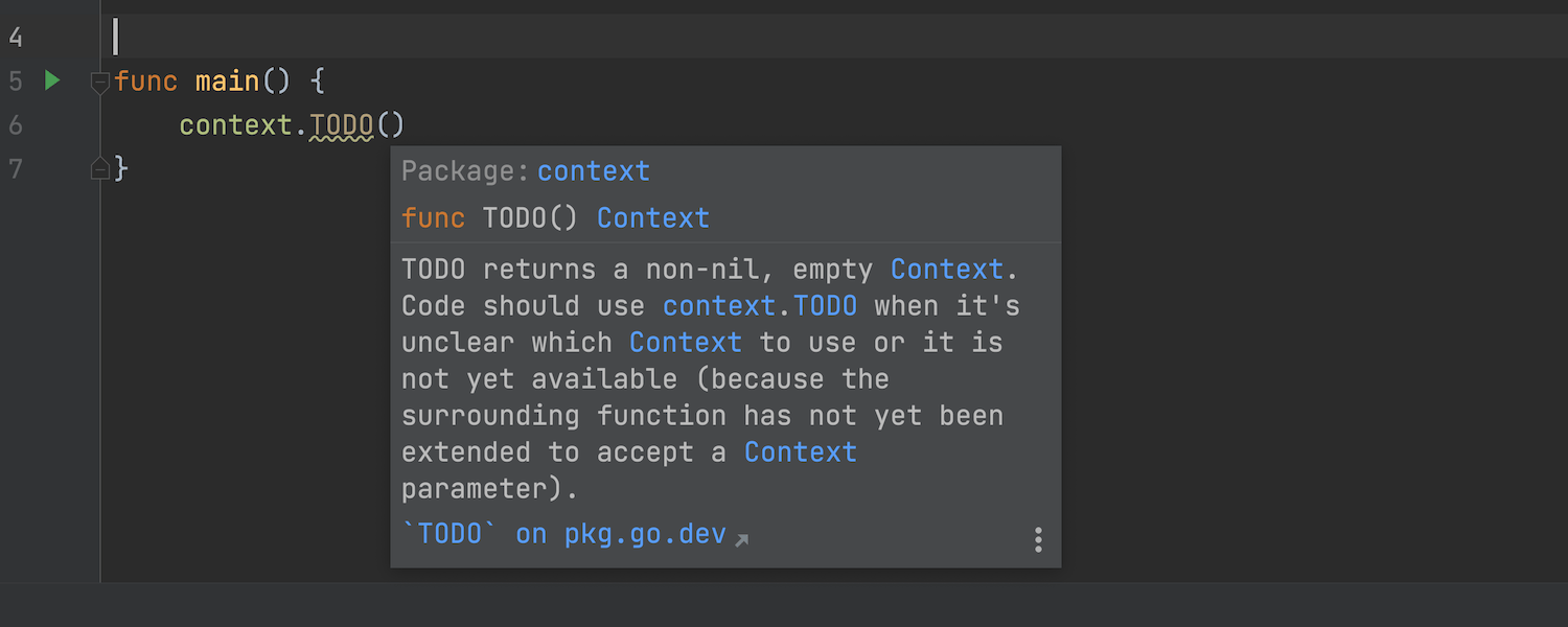 A popup window shows information about context.TODO()