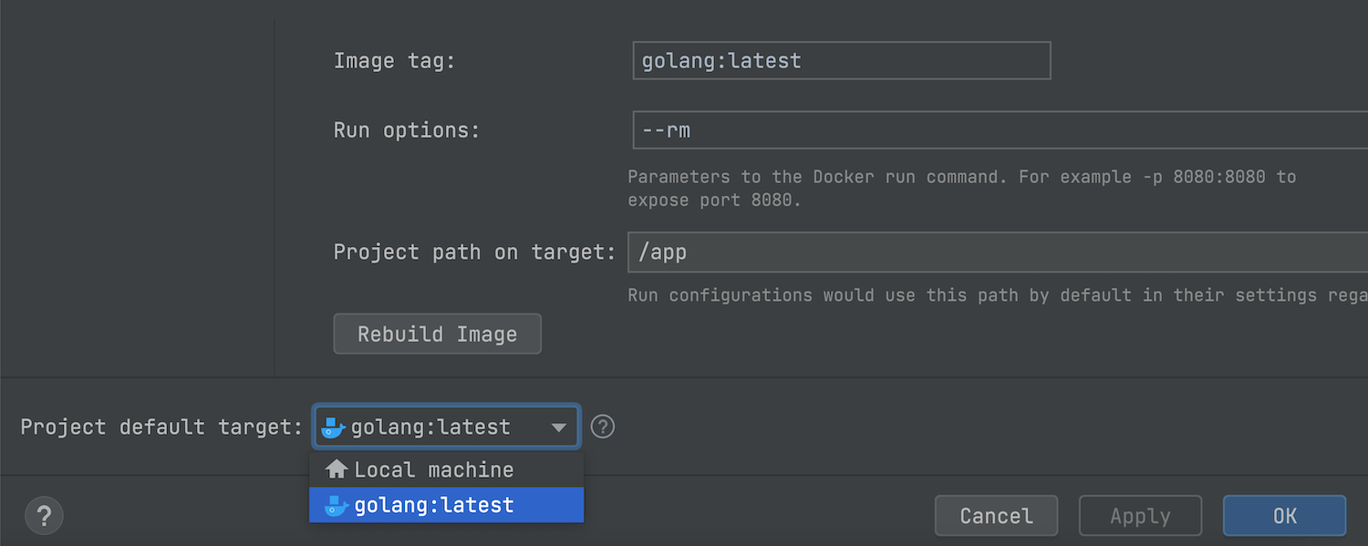 Project-wide default run target settings
