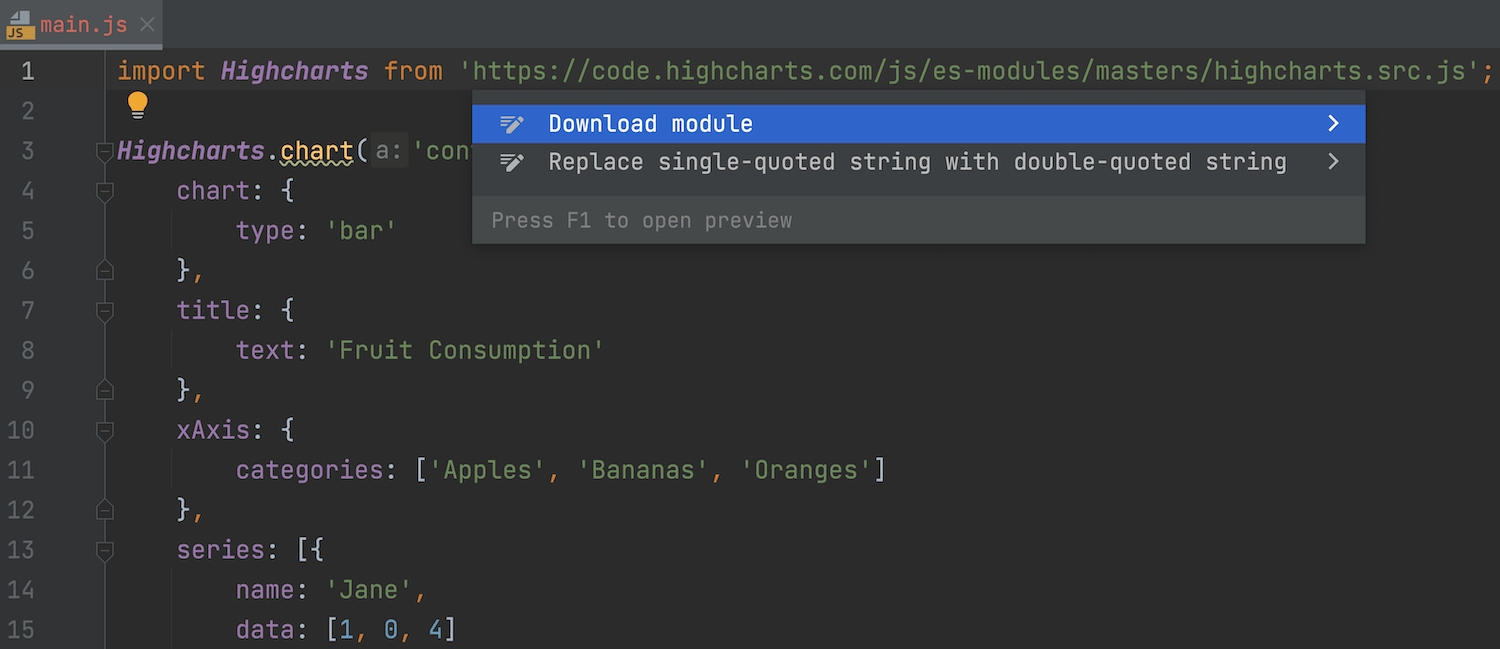 Downloading remote ES6 modules by using a quick-fix on the import path in ES6 files