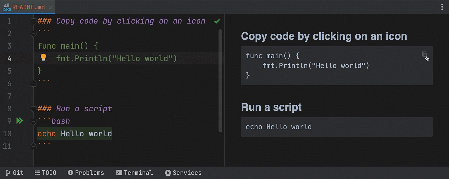 Copy code icon in the Markdown editor