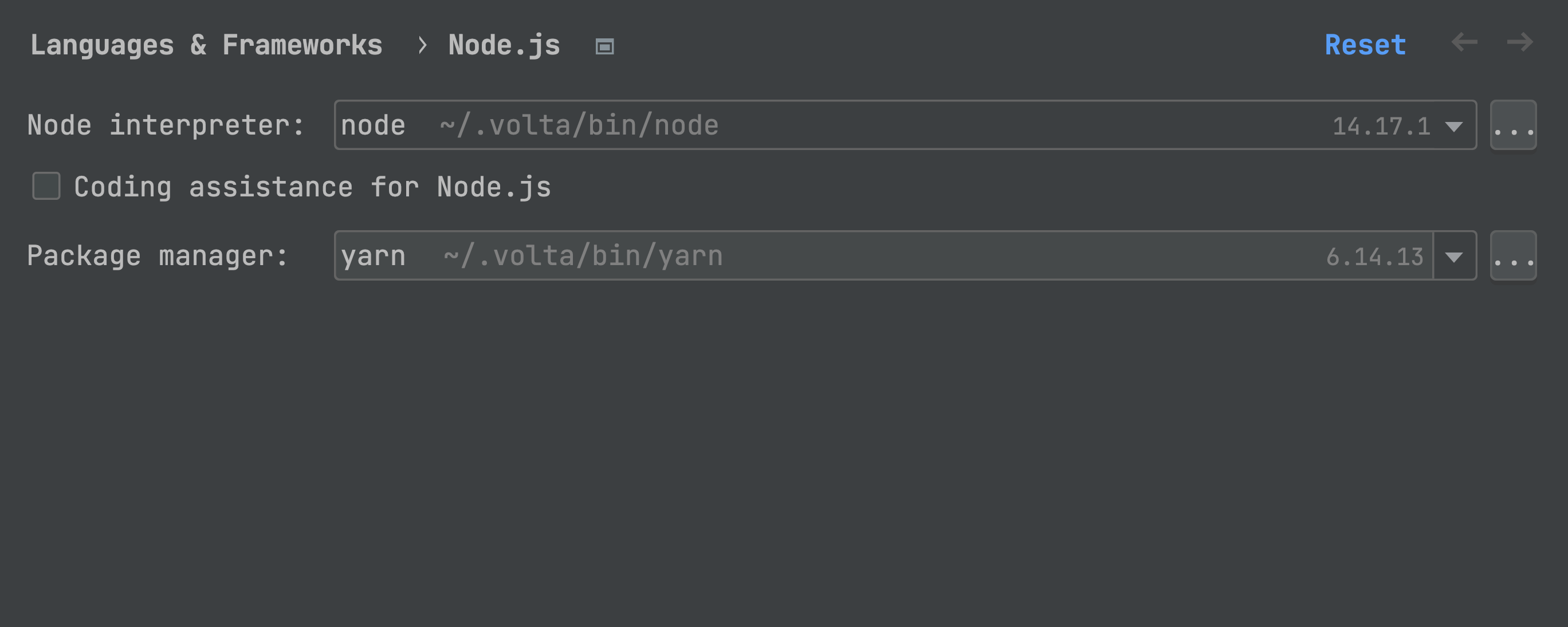 GoLand automatically recognizes Yarn and npm installed using Volta.