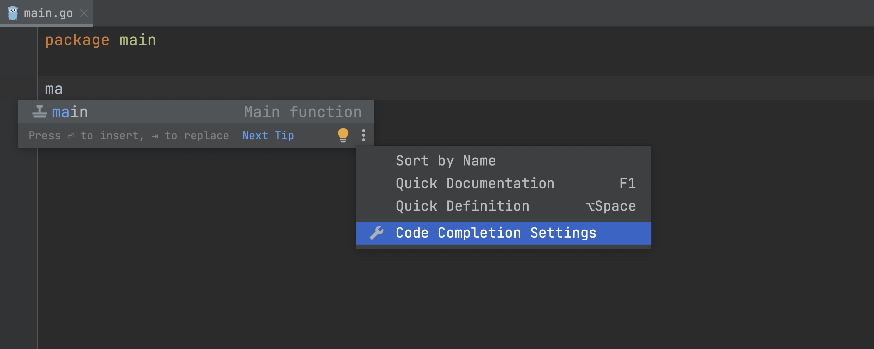 The popup window that provides access to Code Completion Settings