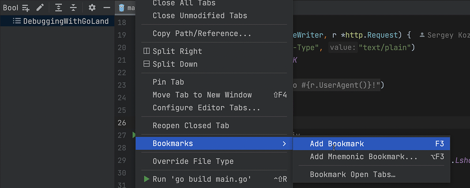 Bookmarking a file from an editor tab