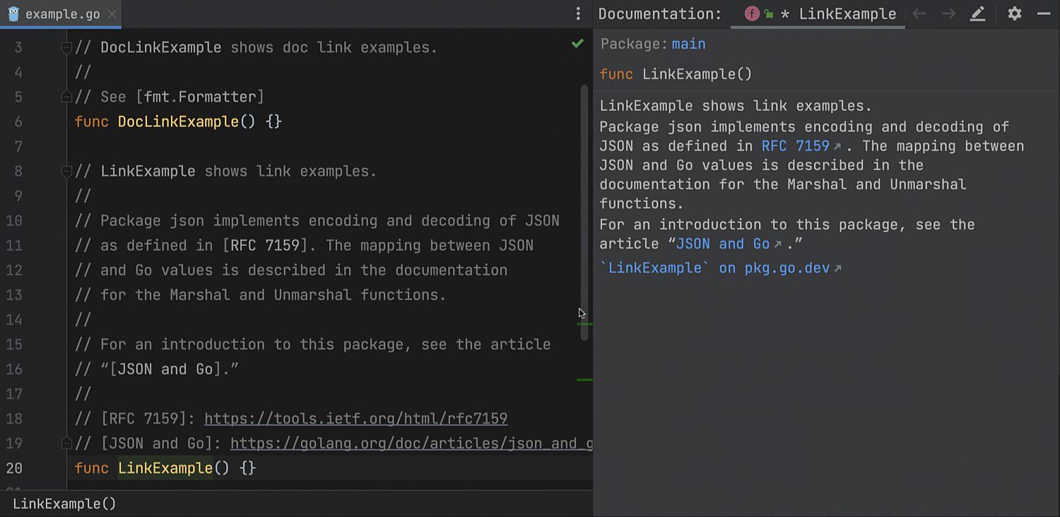 Text and doc links are shown in the Quick Documentation popup and the Documentation tool window