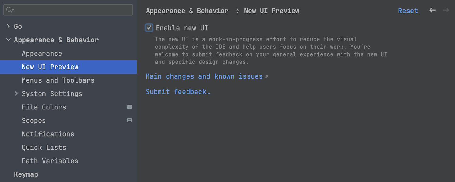 The New UI Preview section in the settings