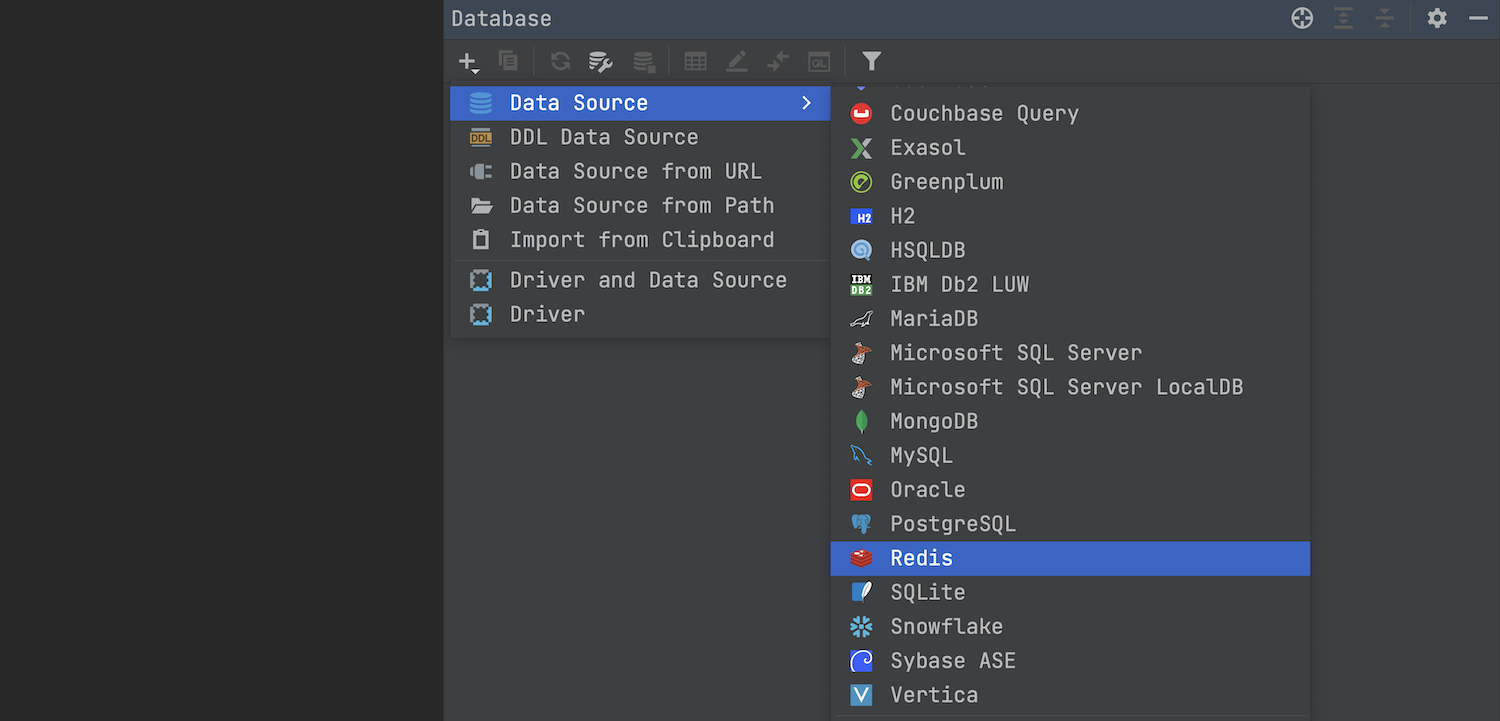 Selecting a connection to Redis in the Database tool window