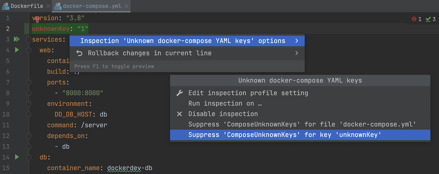 Using a quick-fix to suppress an inspection in a YAML file