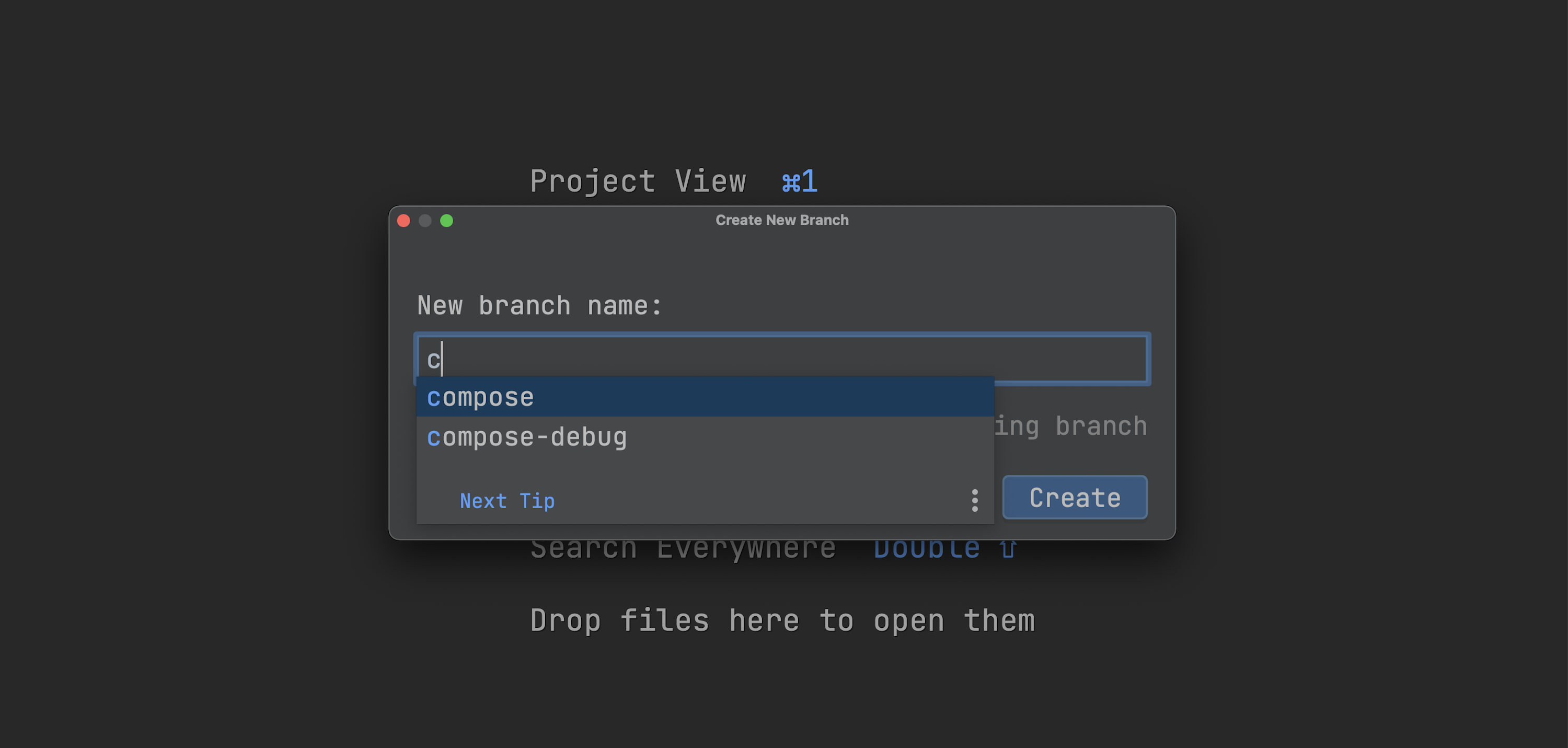 Using completion in the Create New Branch popup window