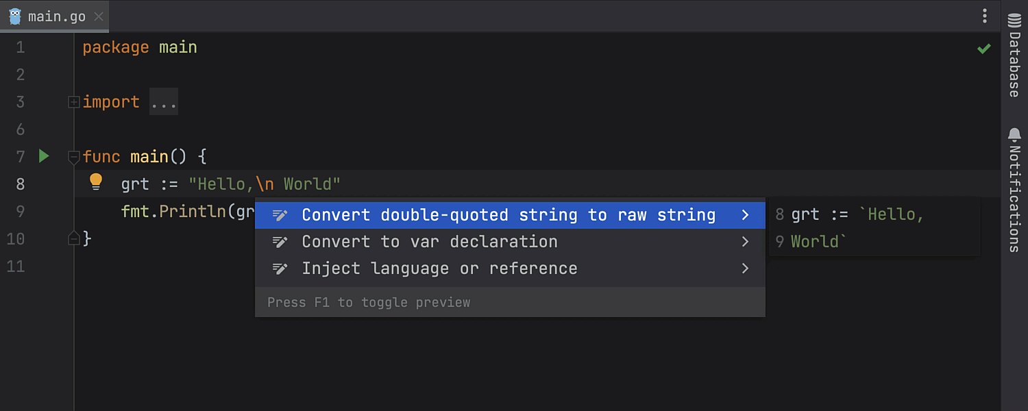 Using an intention action to convert string literals