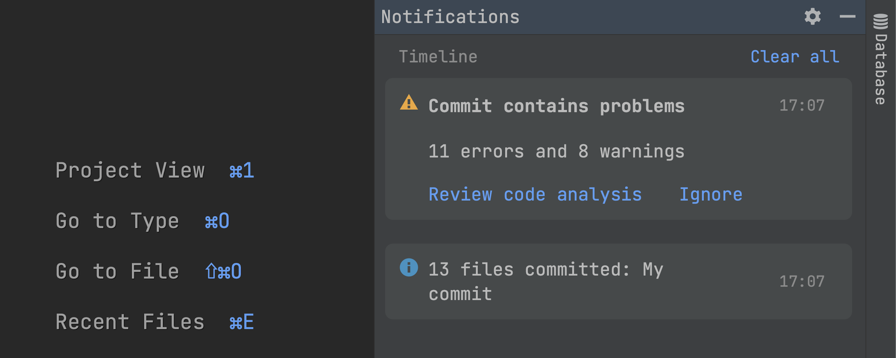 The Notifications window shows the result of a pre-commit check