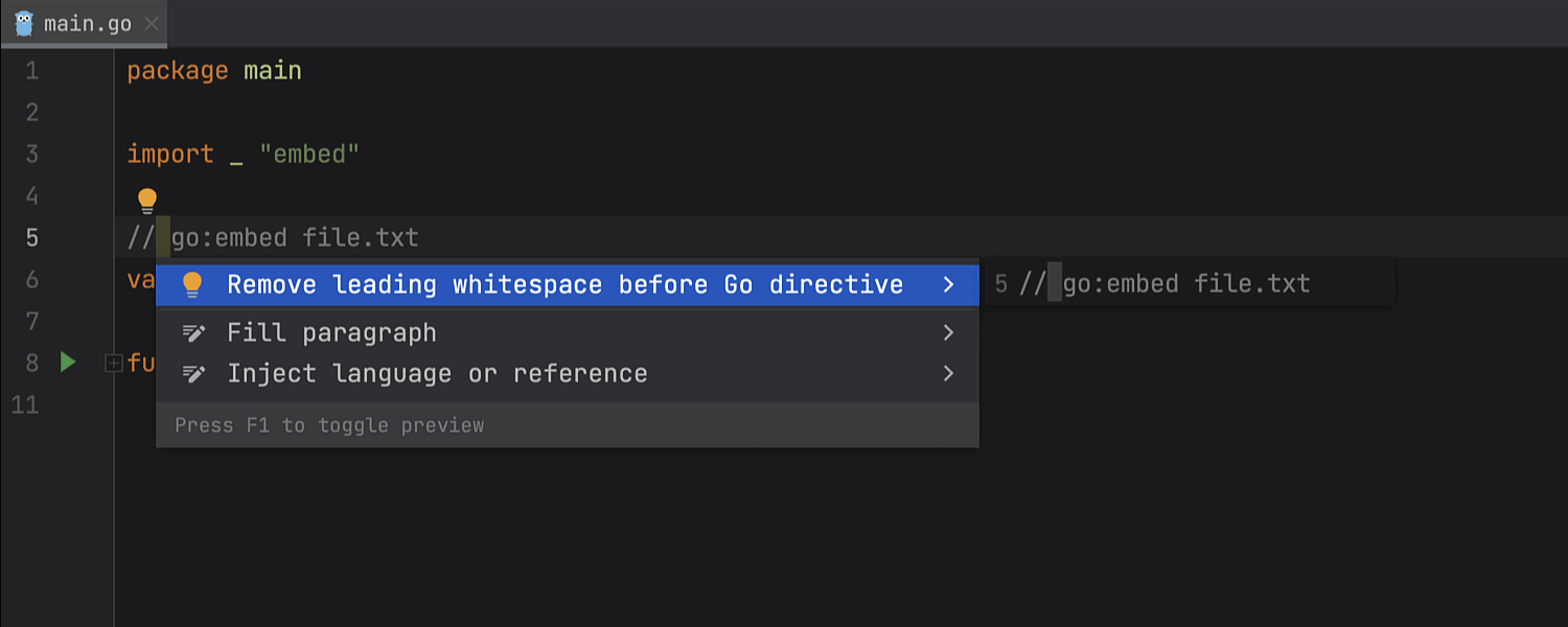 Using a quick-fix to remove a leading space from a go directive