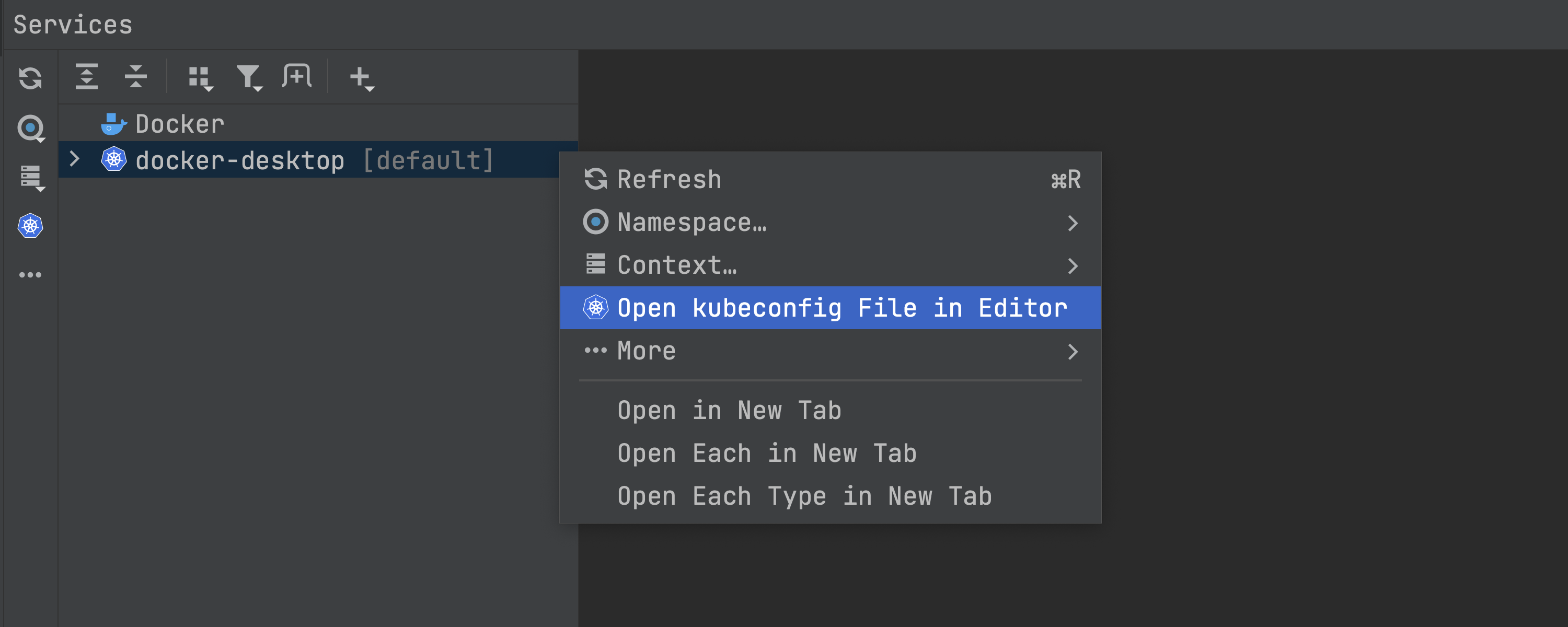 Opening a kubeconfig file in the editor from the Services view