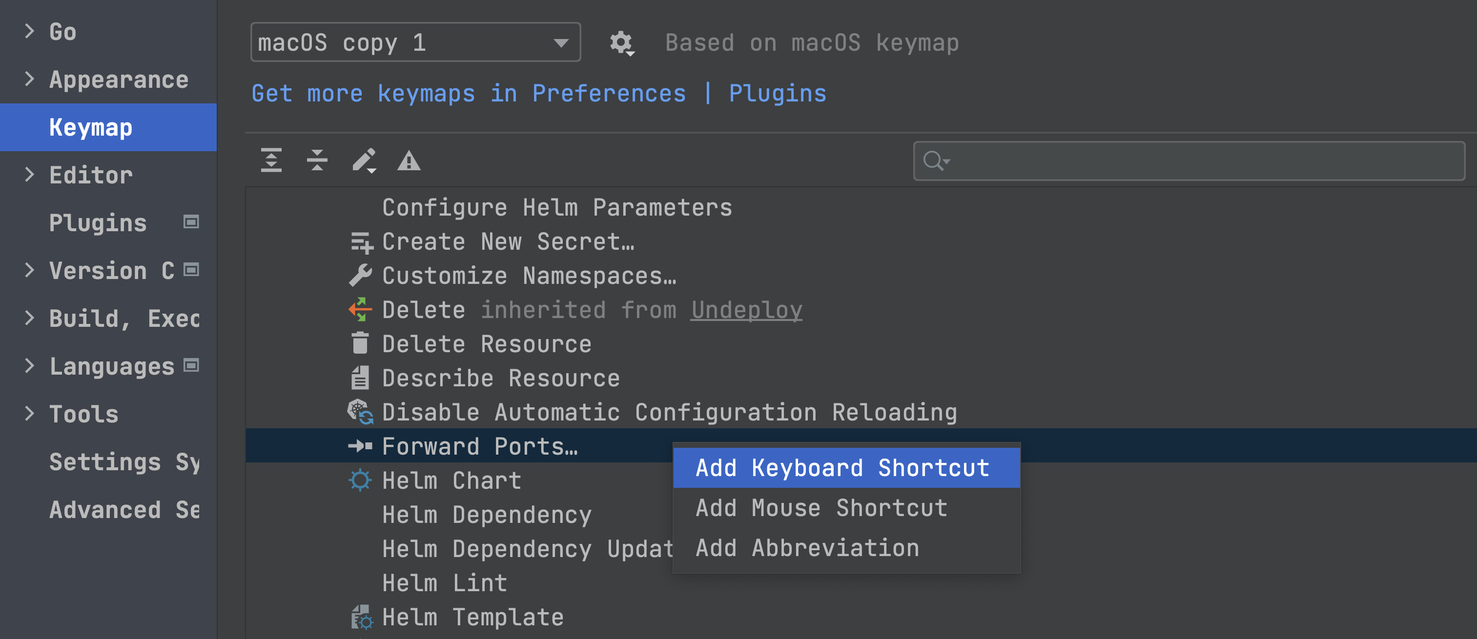 Assigning a shortcut to the Forward Ports action