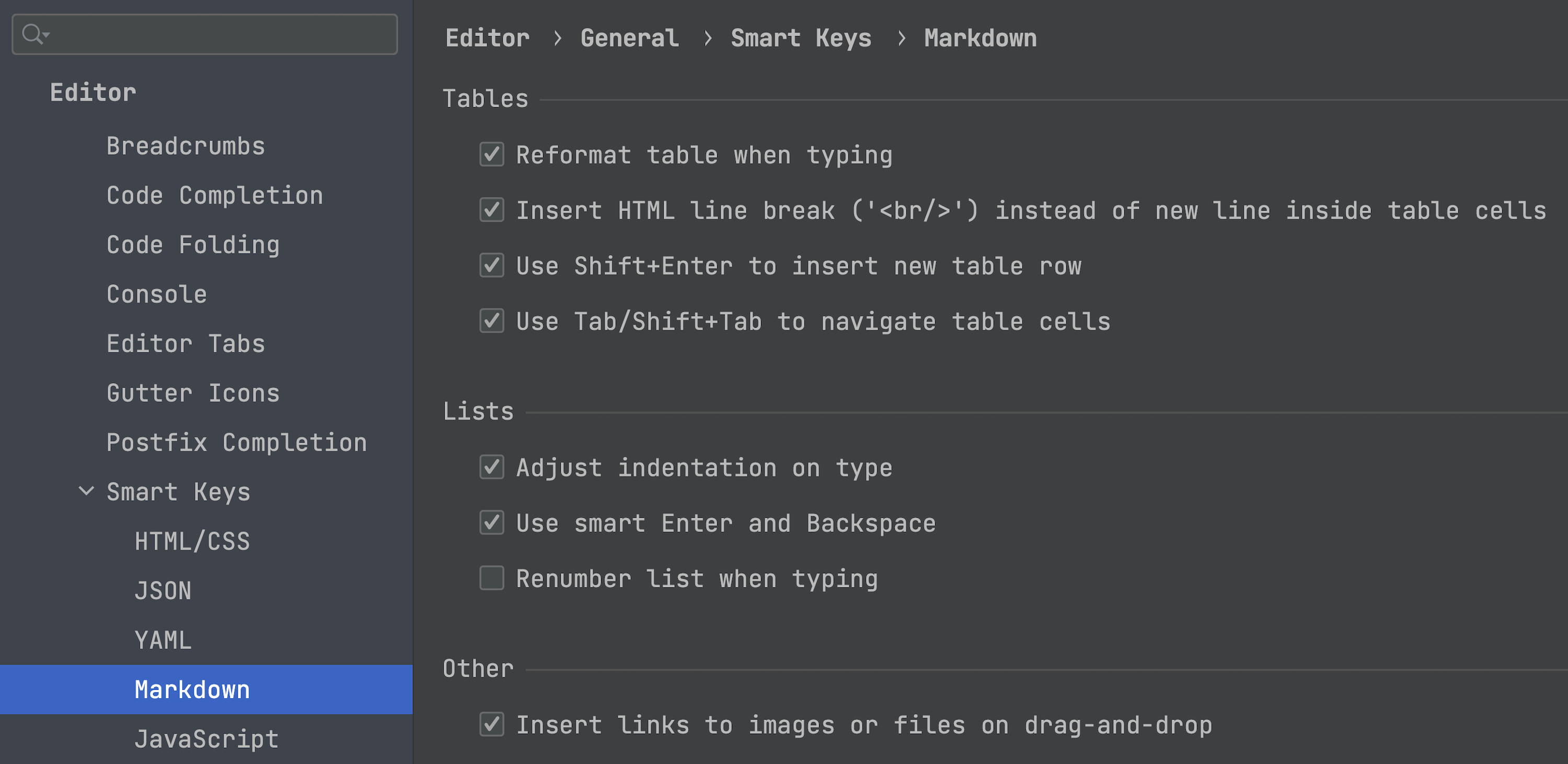 A page with the Markdown Smart Keys settings