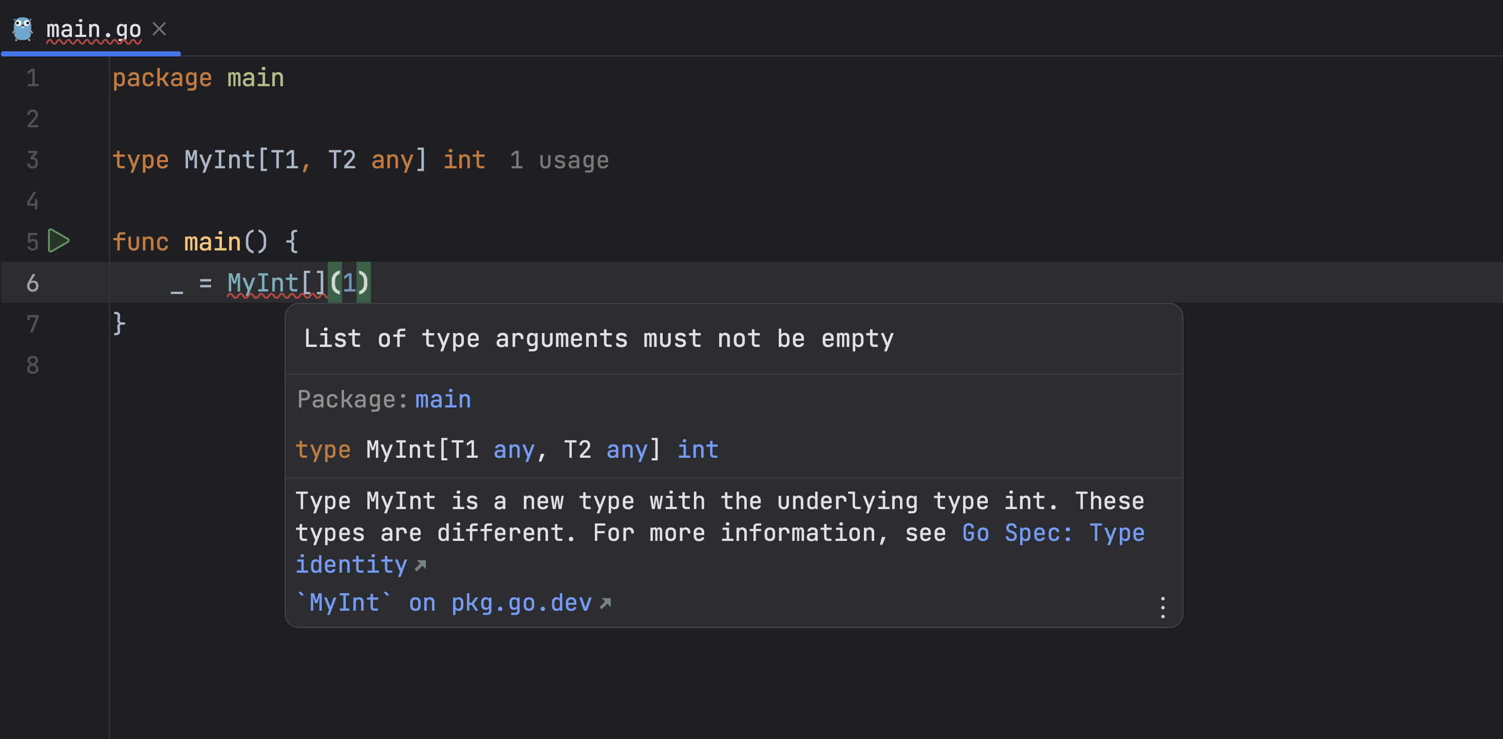 GoLand’s error message for missing type arguments in a type’s instantiation