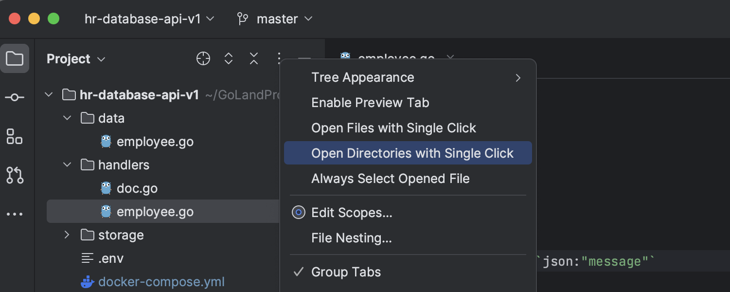 Selecting the Open Directories with Single Click option in GoLand’s settings