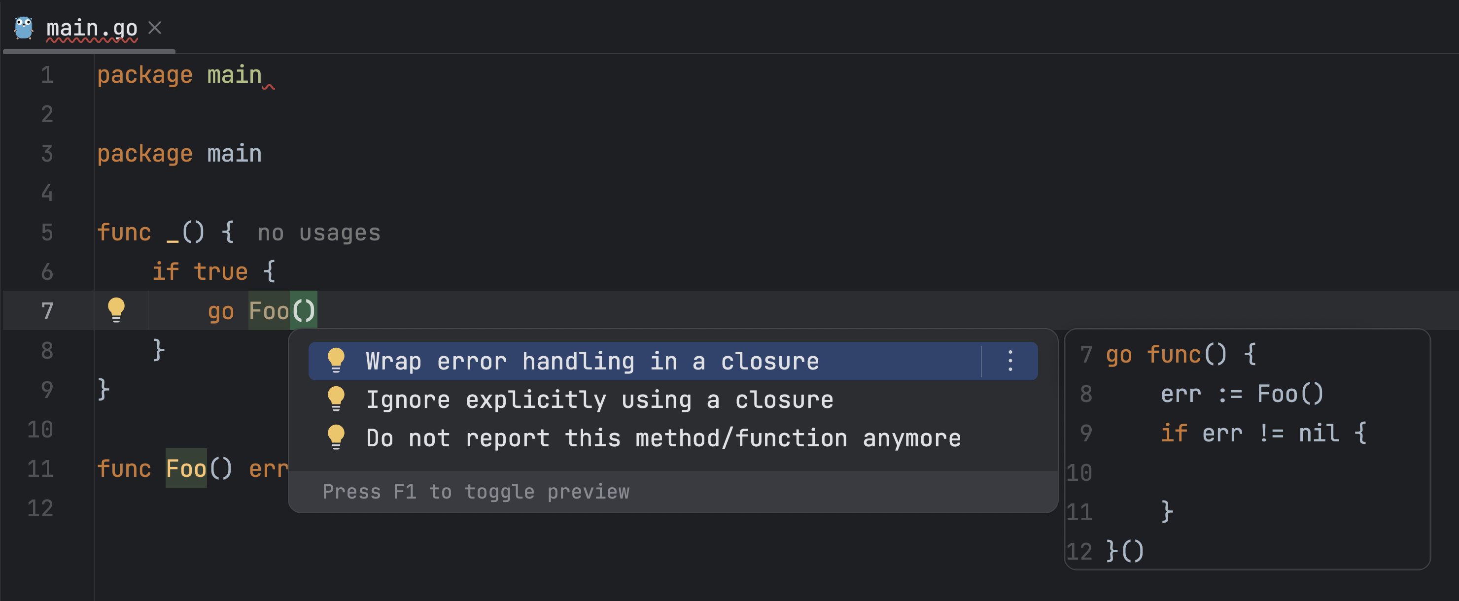 The preview for the Wrap error handling in a closure intention action in GoLand