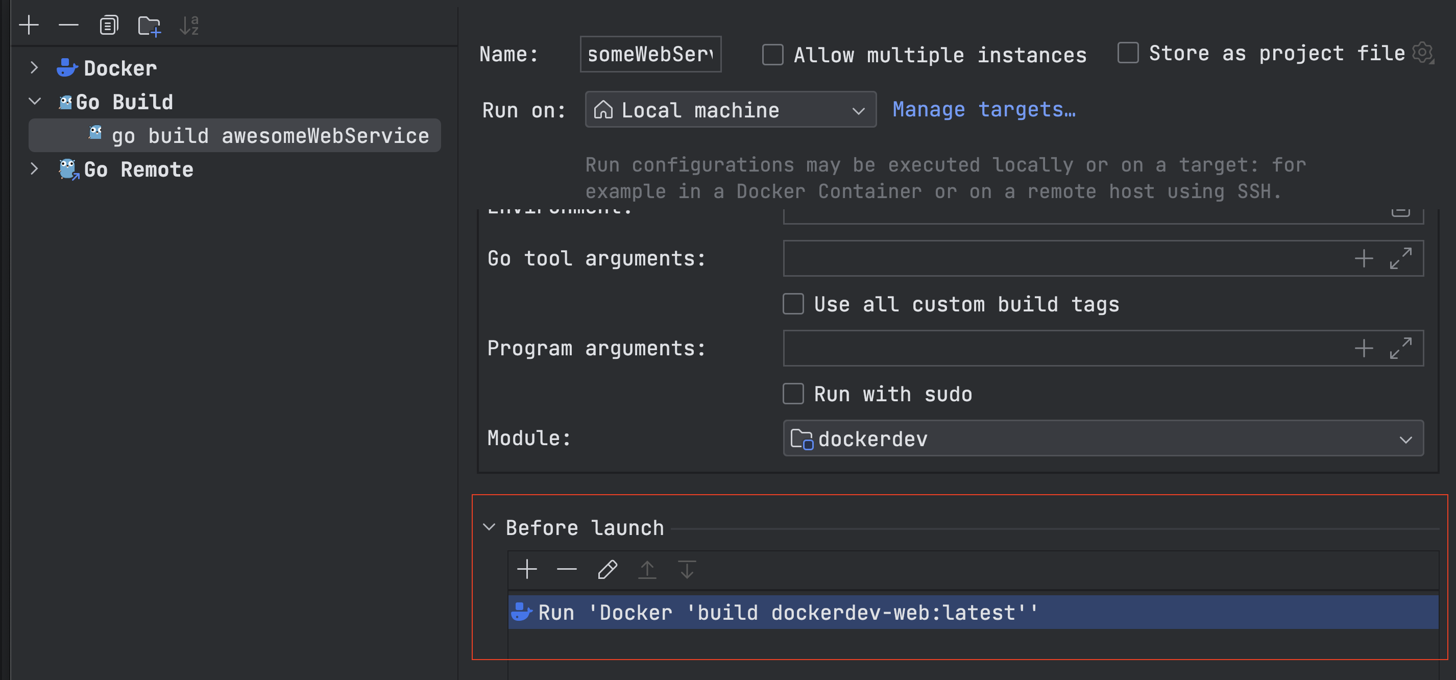 Setting a Docker container to run as a Before Launch task