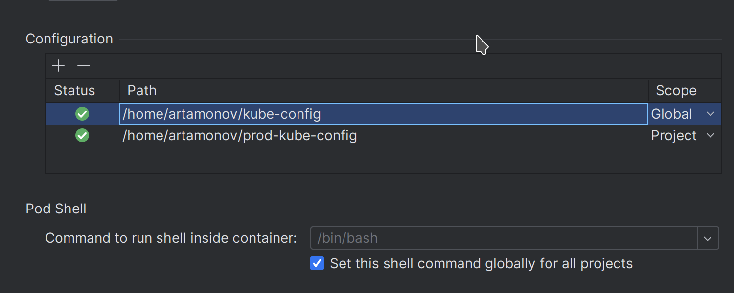 Kubernetes settings as displayed in GoLand