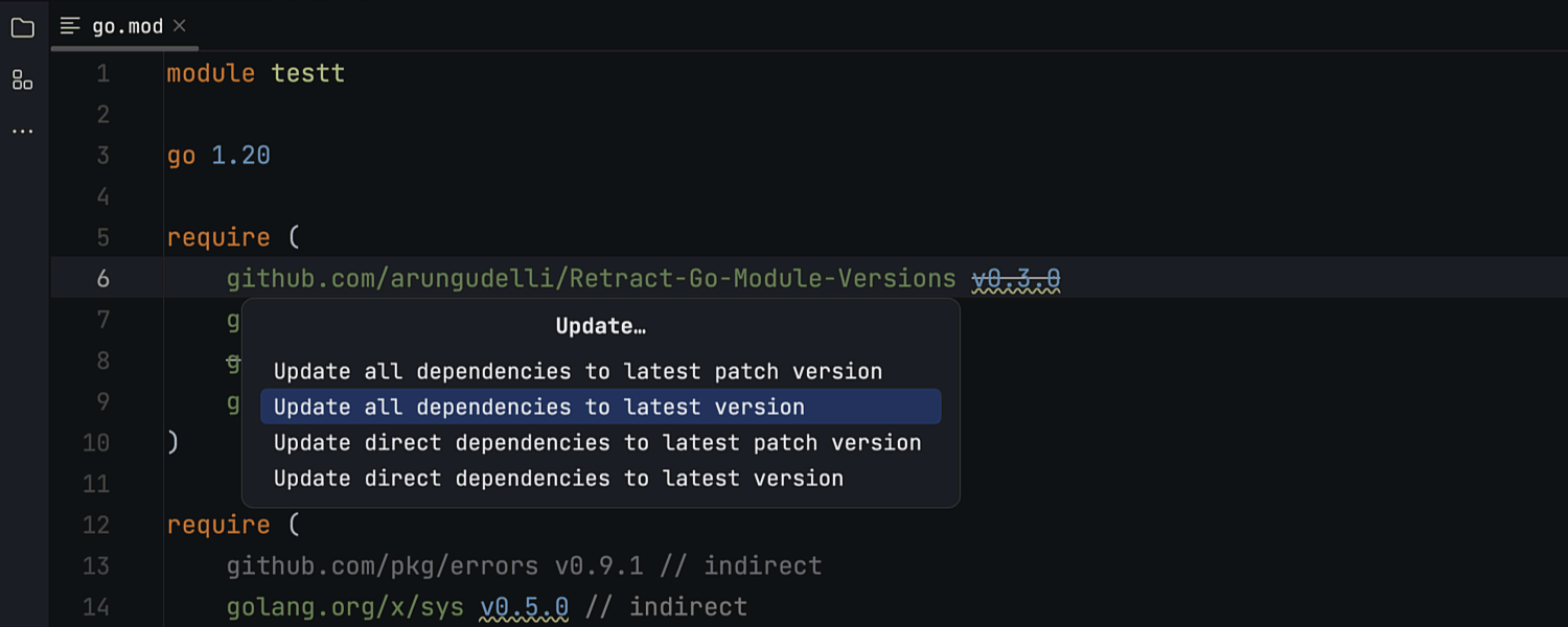 Using the new quick-fix to update dependencies in go.mod