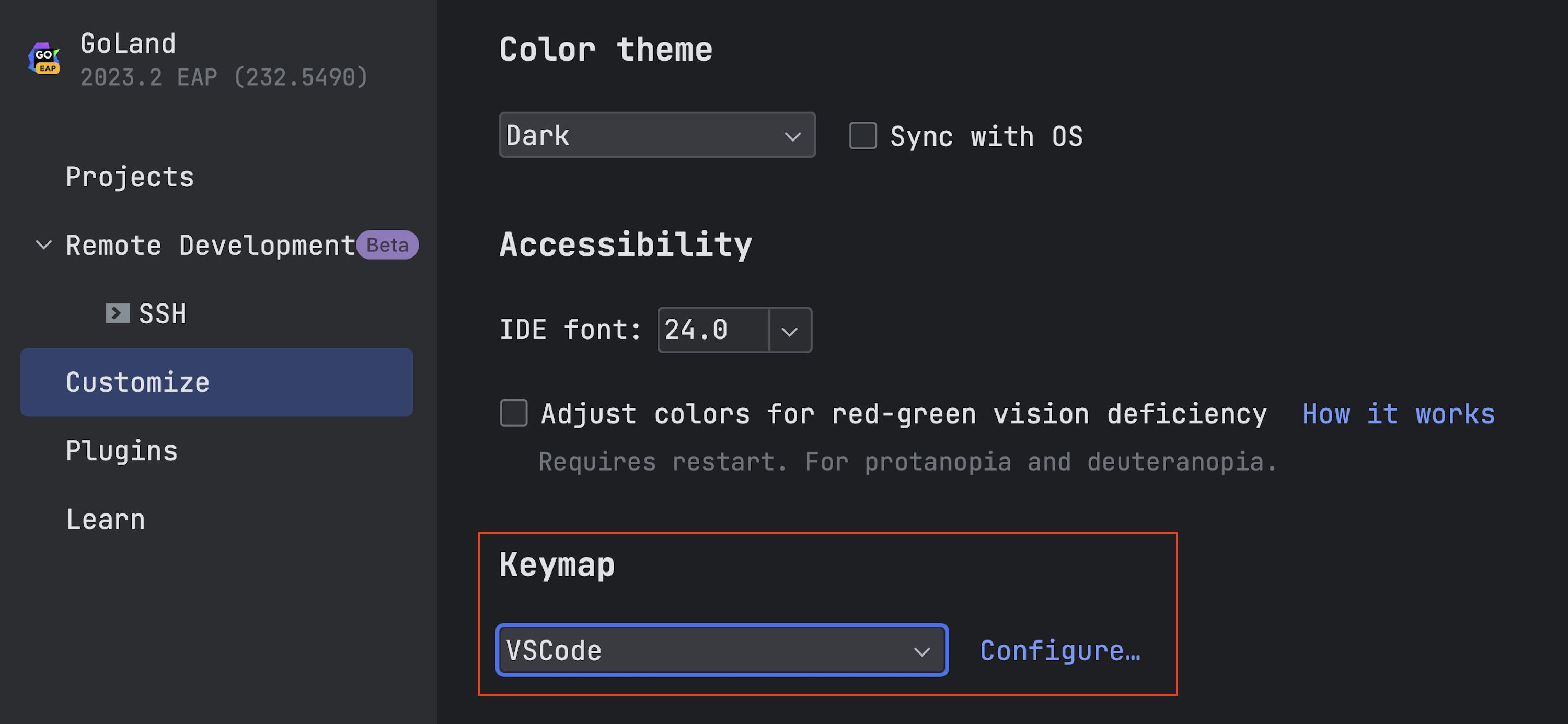 Selecting the bundled VS Code keymap in the GoLand settings