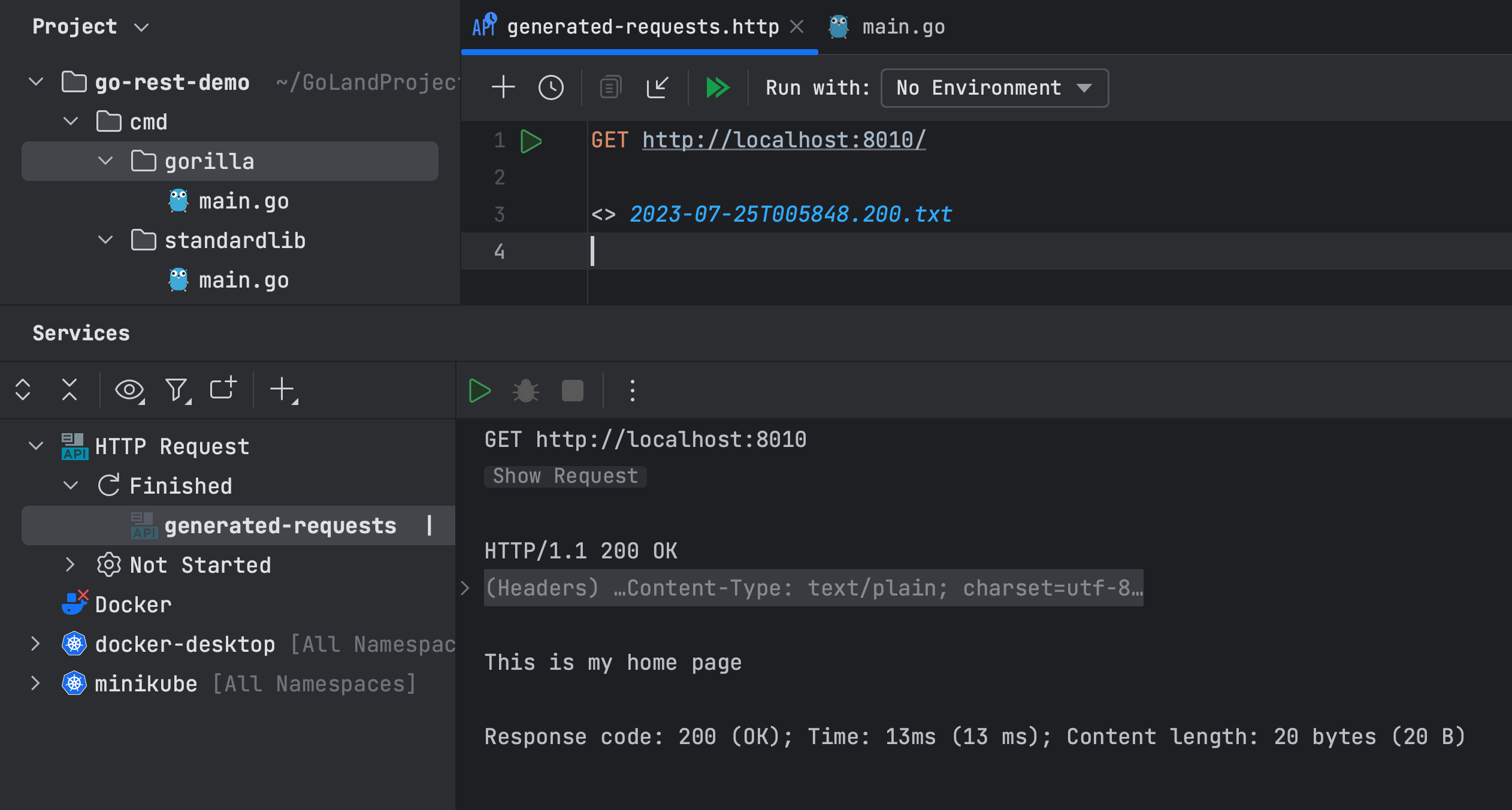 Testing home endpoint with GoLand request generator