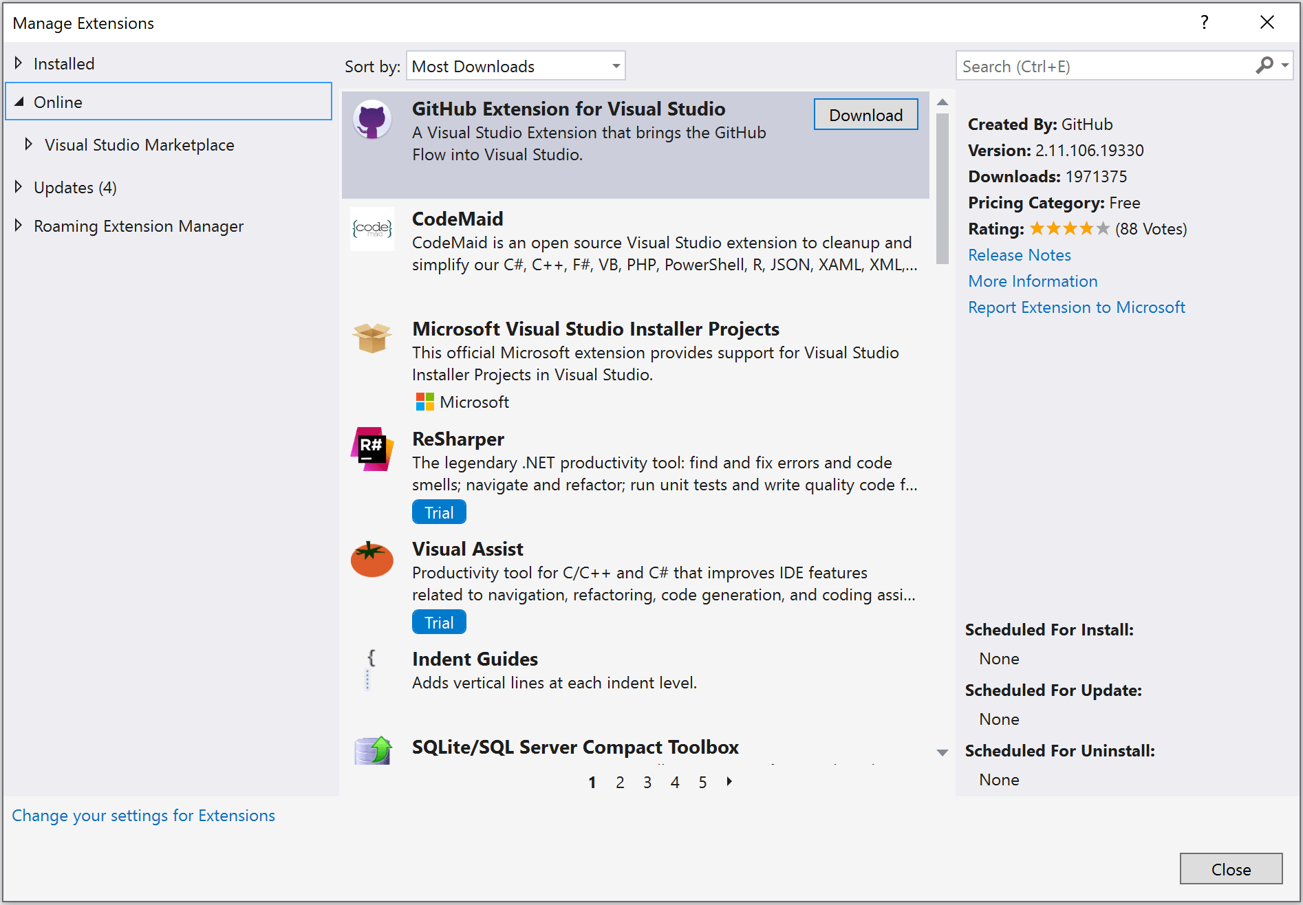 Visual Studio Extensions dialog