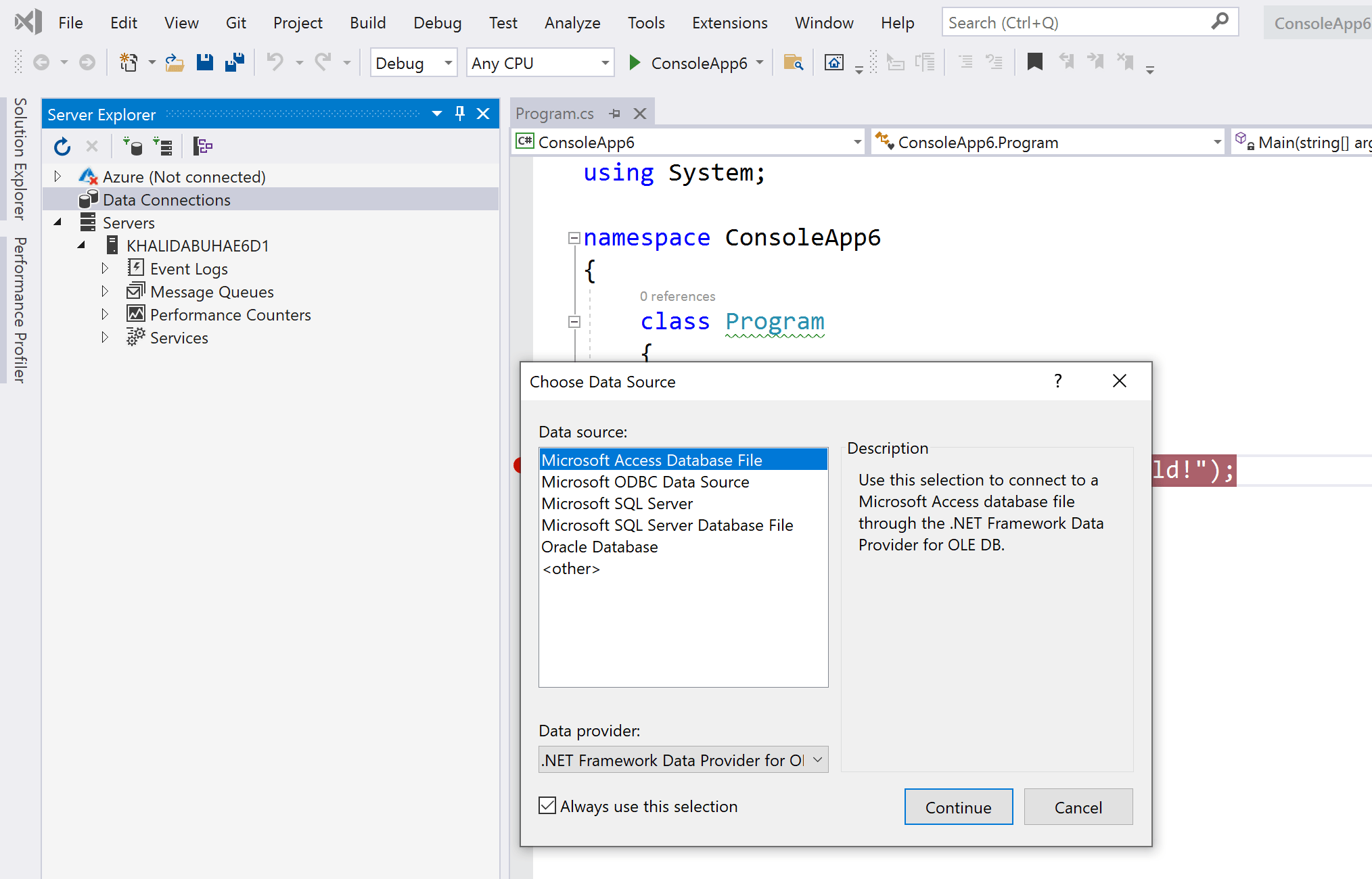 Visual Studio Server Explorer Database Connections