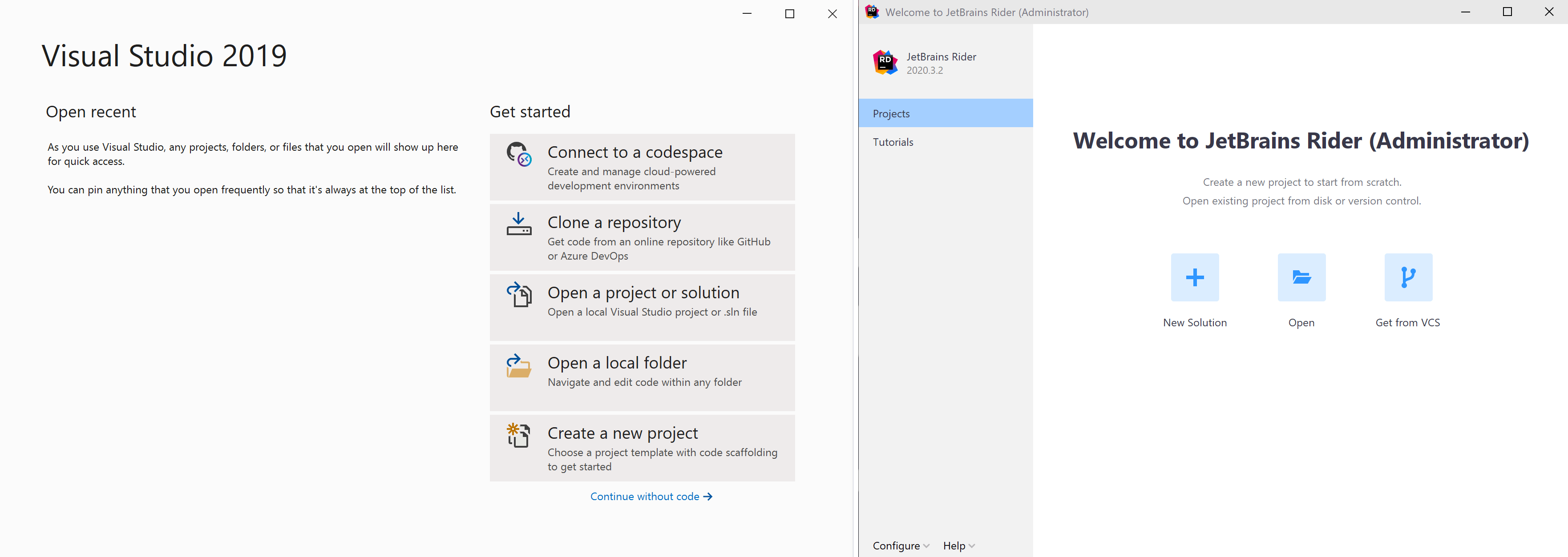 Visual Studio and JetBrains Rider welcome screens