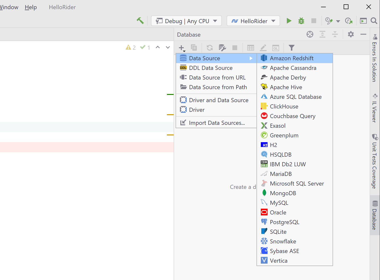 JetBrains Rider database tool window