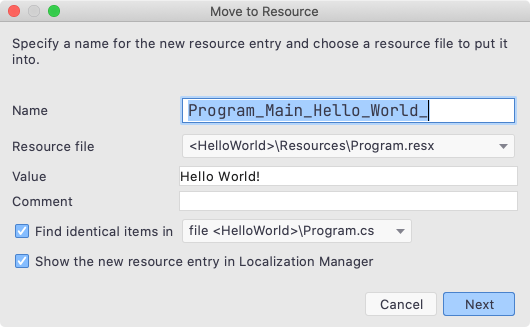 Move to resource dialog helps store a string in a resource file