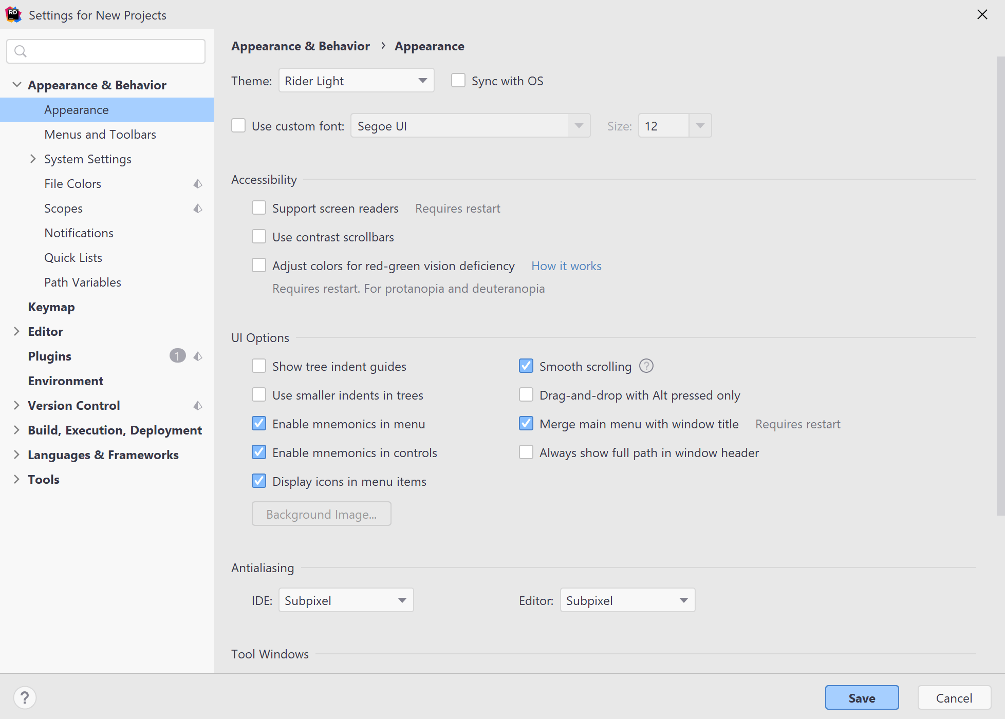 The Settings dialog in Rider