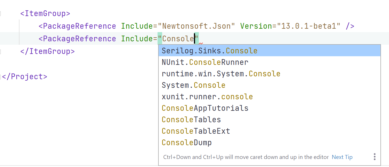 JetBrains Rider's csproj editor lookup dropdowns